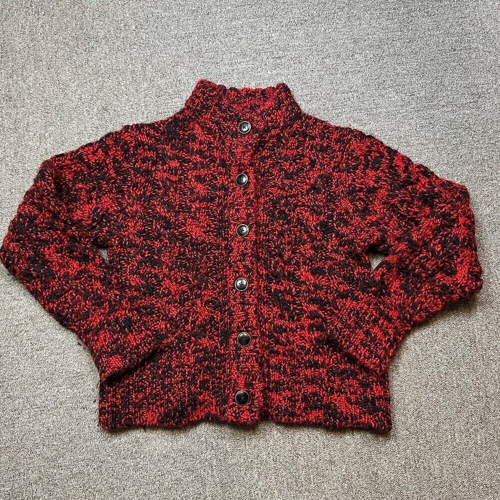 LL Bean Chunky Knit Boxy Red & Black Cardigan Sweater Wool Blend Womens Medium
